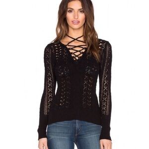 Free People Ginger Lace Up Criss Cross Sweater In Black Size Medium